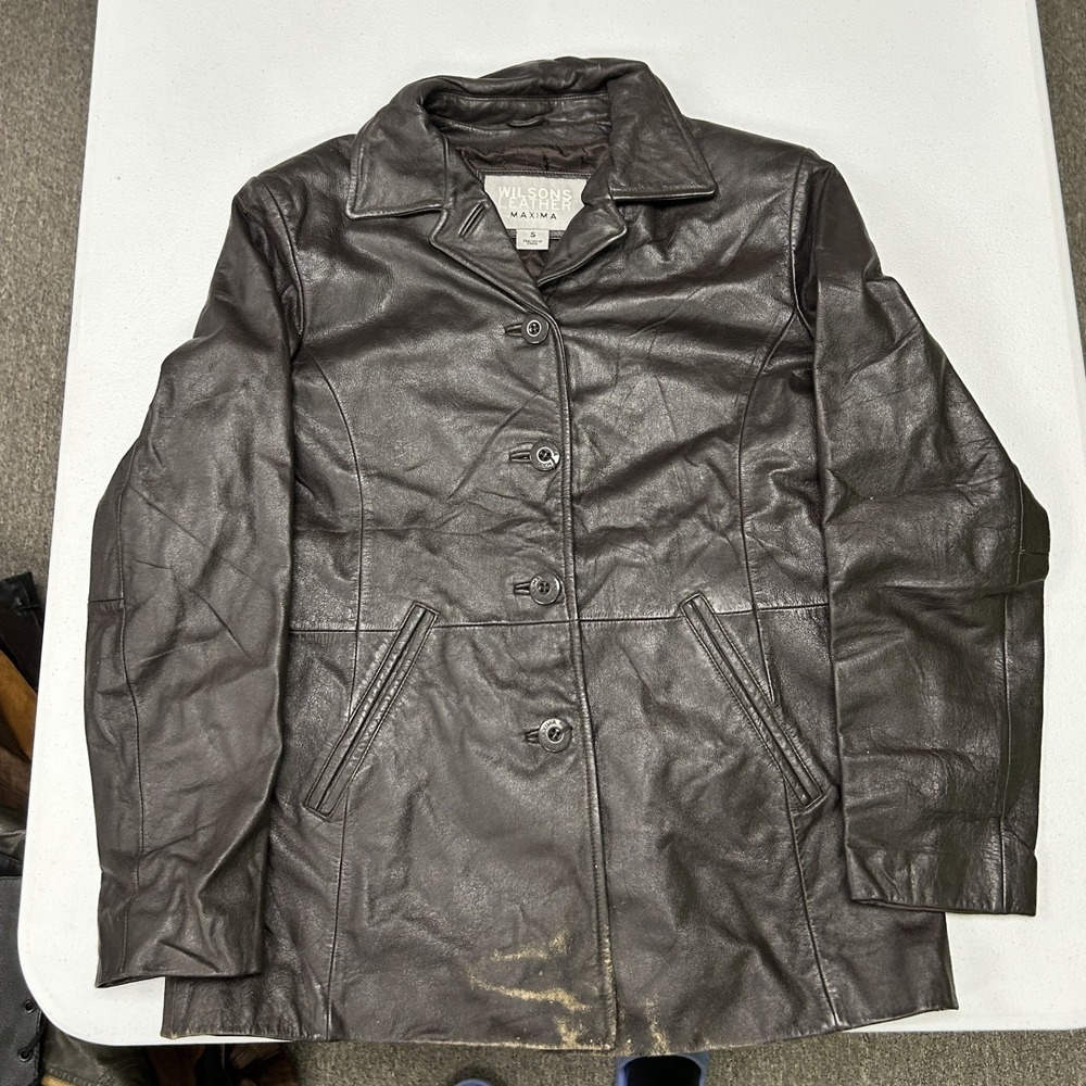 Wilsons Leather Maxima Jacket Womens S Brown Button Front Mid Length Coat F3